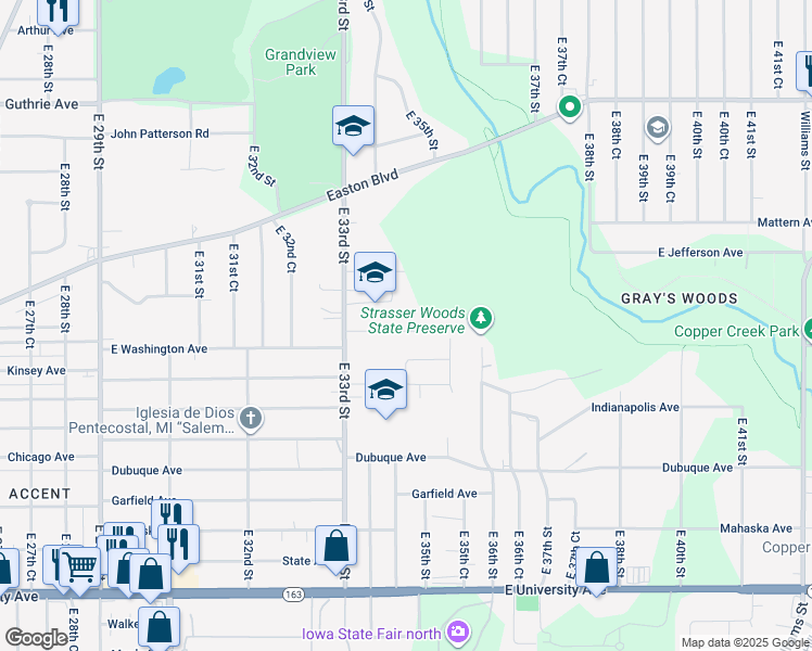 map of restaurants, bars, coffee shops, grocery stores, and more near 3416 East Washington Avenue in Des Moines