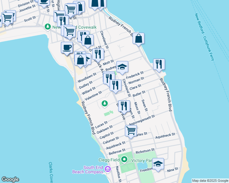 map of restaurants, bars, coffee shops, grocery stores, and more near 607-609 Brock Avenue in New Bedford