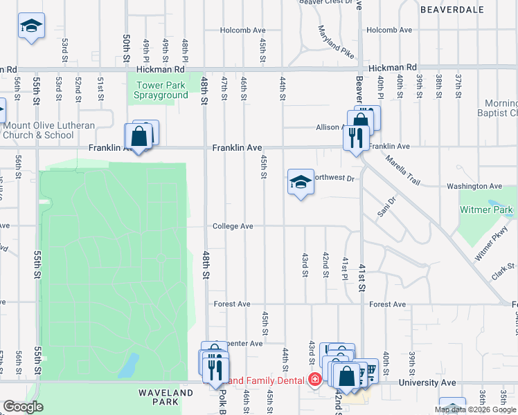 map of restaurants, bars, coffee shops, grocery stores, and more near 1620 45th Street in Des Moines