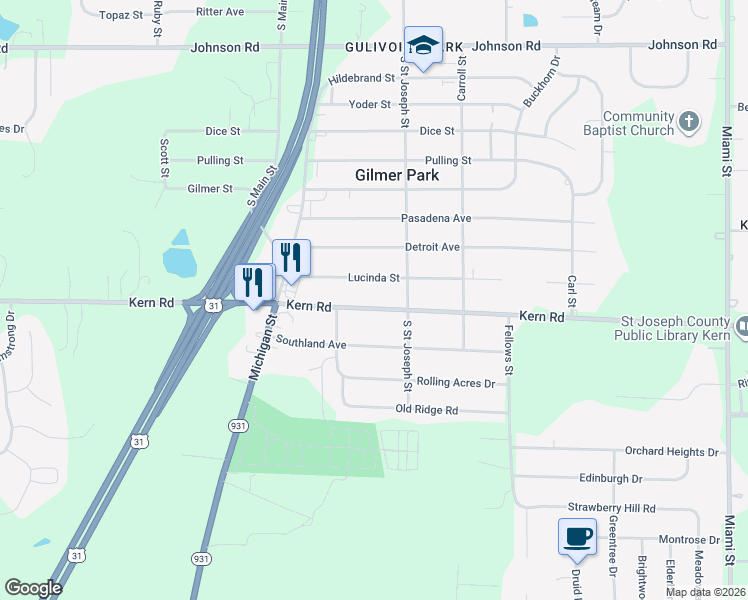 map of restaurants, bars, coffee shops, grocery stores, and more near 19801 Kern Road in South Bend
