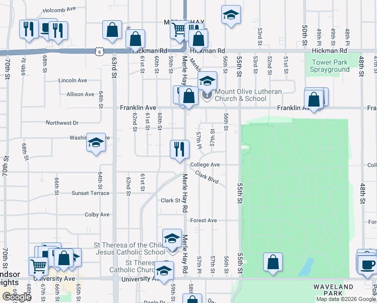 map of restaurants, bars, coffee shops, grocery stores, and more near 1621 Merle Hay Road in Des Moines