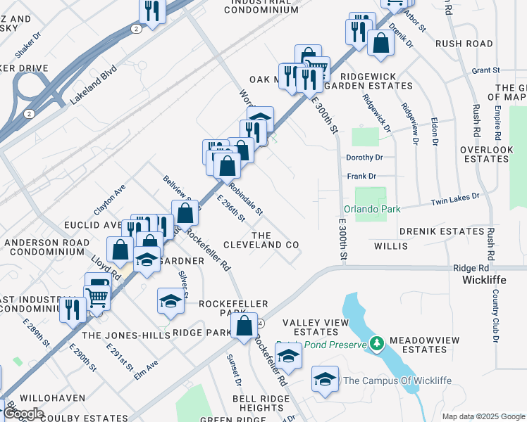 map of restaurants, bars, coffee shops, grocery stores, and more near 1733 Robindale Street in Wickliffe