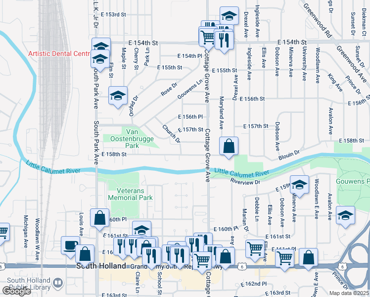 map of restaurants, bars, coffee shops, grocery stores, and more near 15753 Church Drive in South Holland