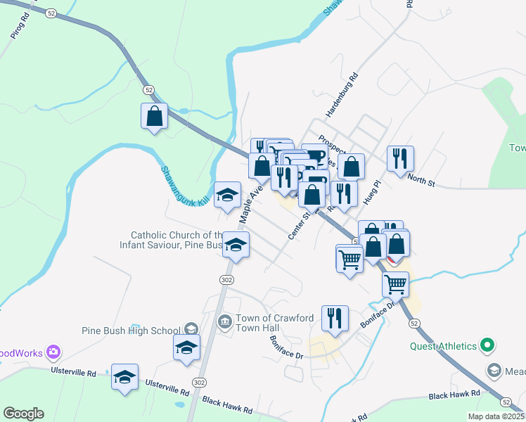 map of restaurants, bars, coffee shops, grocery stores, and more near 19 Borden Avenue in Pine Bush