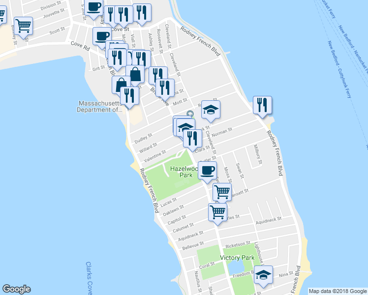 map of restaurants, bars, coffee shops, grocery stores, and more near 607-609 Brock Avenue in New Bedford