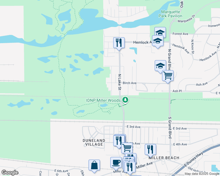map of restaurants, bars, coffee shops, grocery stores, and more near 5724 Ash Avenue in Gary