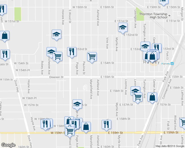 map of restaurants, bars, coffee shops, grocery stores, and more near 15443 Marshfield Avenue in Harvey
