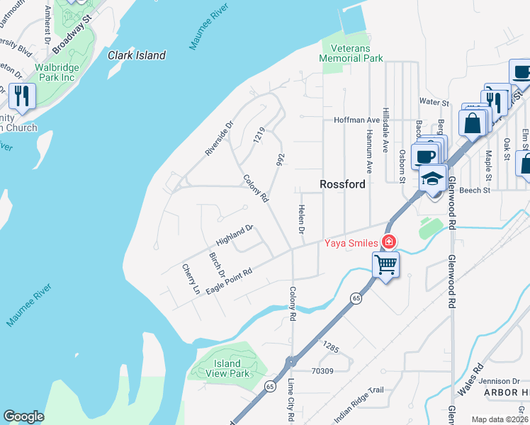 map of restaurants, bars, coffee shops, grocery stores, and more near 353 Colony Road in Rossford