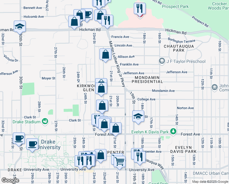 map of restaurants, bars, coffee shops, grocery stores, and more near 2027 Mondamin Avenue in Des Moines