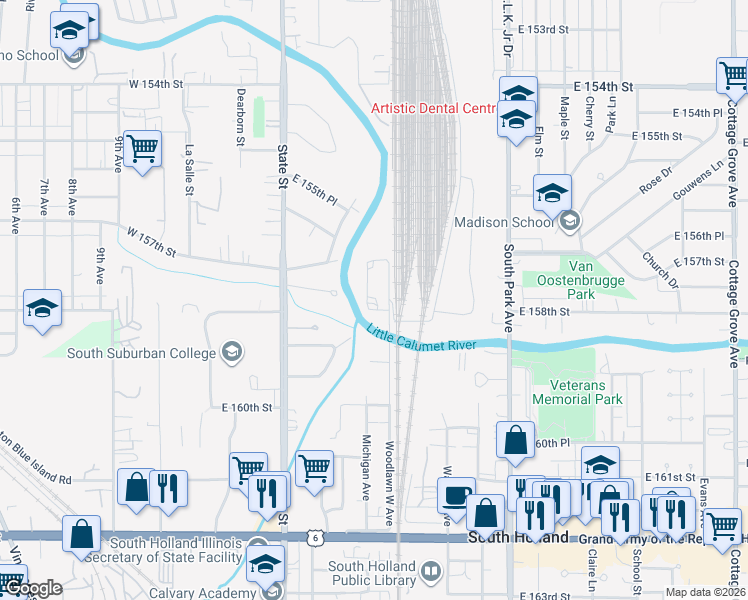 map of restaurants, bars, coffee shops, grocery stores, and more near 15743 Michigan Avenue in South Holland