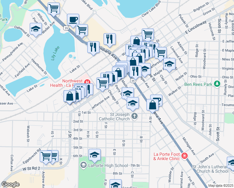 map of restaurants, bars, coffee shops, grocery stores, and more near 1108 Jefferson Avenue in La Porte