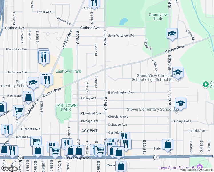 map of restaurants, bars, coffee shops, grocery stores, and more near 1623 East 29th Street in Des Moines