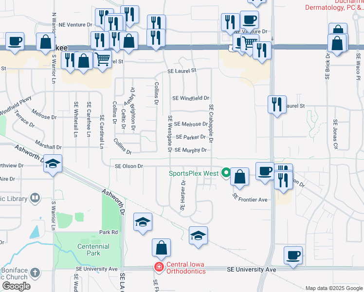 map of restaurants, bars, coffee shops, grocery stores, and more near 655 Southeast Murphy Drive in Waukee