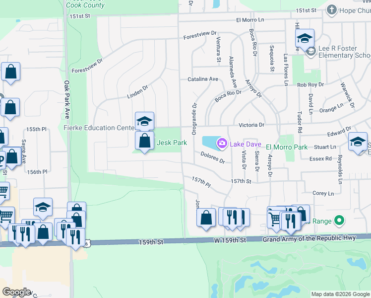 map of restaurants, bars, coffee shops, grocery stores, and more near 15529 Ridgeland Ave in Oak Forest