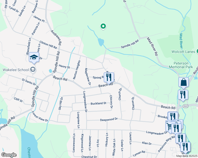 map of restaurants, bars, coffee shops, grocery stores, and more near 27 Spring Road in Wolcott