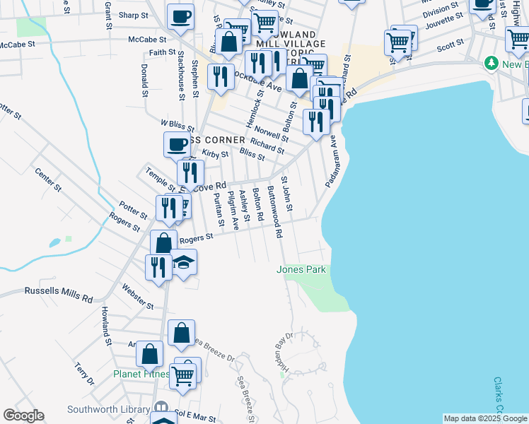 map of restaurants, bars, coffee shops, grocery stores, and more near 17 Bolton Road in Dartmouth