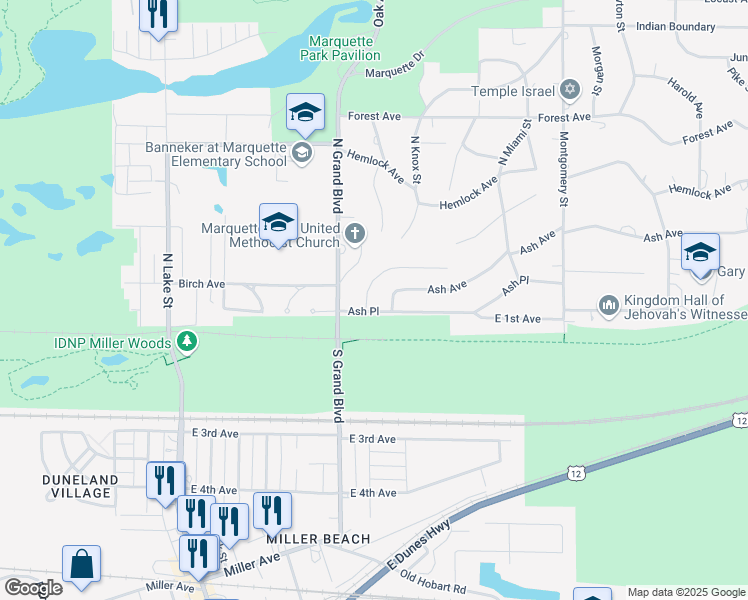 map of restaurants, bars, coffee shops, grocery stores, and more near 6515 Birch Place in Gary
