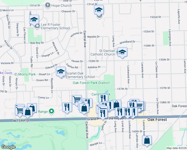 map of restaurants, bars, coffee shops, grocery stores, and more near 5520 Ann Marie Lane in Oak Forest