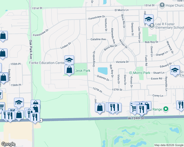 map of restaurants, bars, coffee shops, grocery stores, and more near 15529 Ridgeland Avenue in Oak Forest