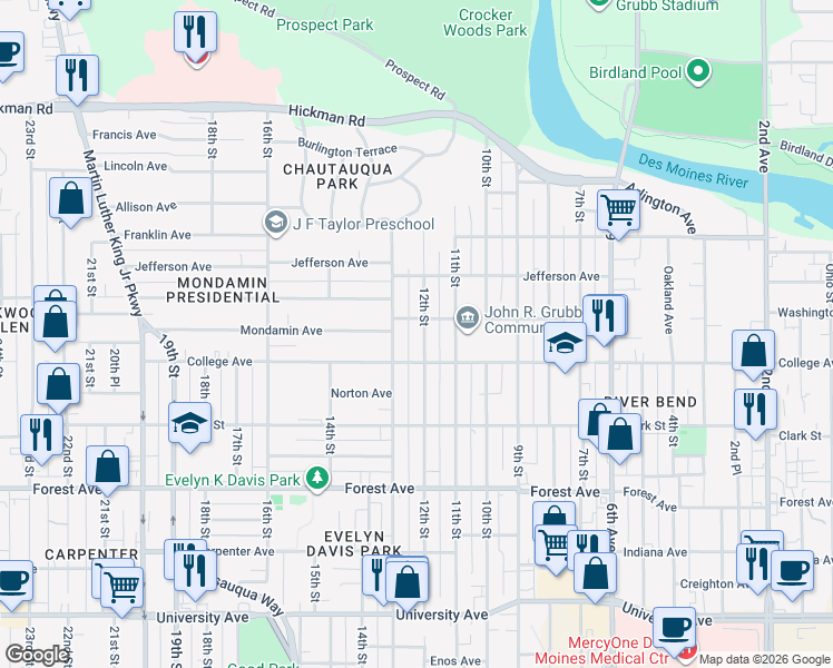 map of restaurants, bars, coffee shops, grocery stores, and more near 1624 12th Street in Des Moines