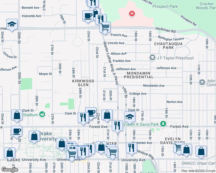 map of restaurants, bars, coffee shops, grocery stores, and more near 2027 Mondamin Avenue in Des Moines