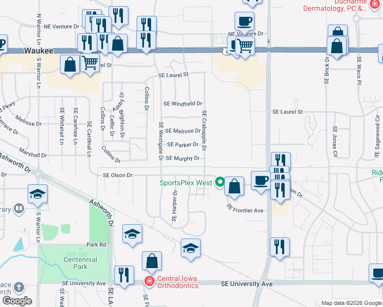 map of restaurants, bars, coffee shops, grocery stores, and more near 755 Southeast Murphy Drive in Waukee