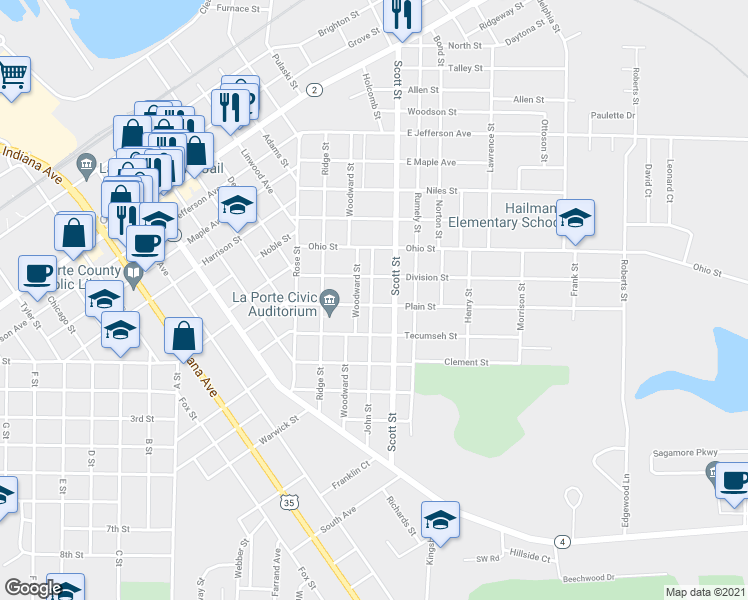 map of restaurants, bars, coffee shops, grocery stores, and more near 211 John Street in La Porte