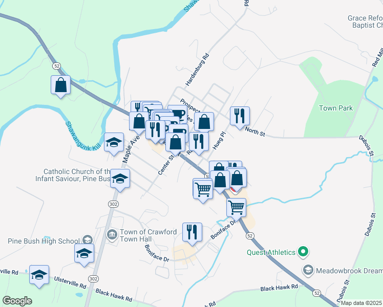 map of restaurants, bars, coffee shops, grocery stores, and more near 4 Railroad Avenue in Pine Bush