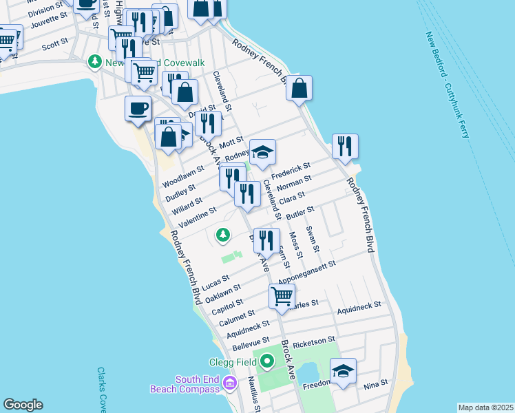 map of restaurants, bars, coffee shops, grocery stores, and more near 155-157 Clara Street in New Bedford