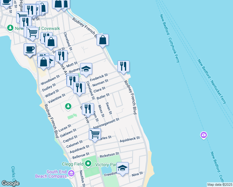 map of restaurants, bars, coffee shops, grocery stores, and more near 54 Butler Street in New Bedford