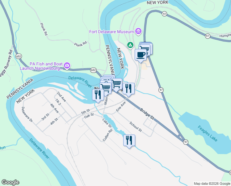 map of restaurants, bars, coffee shops, grocery stores, and more near 225 Bridge Street in Narrowsburg
