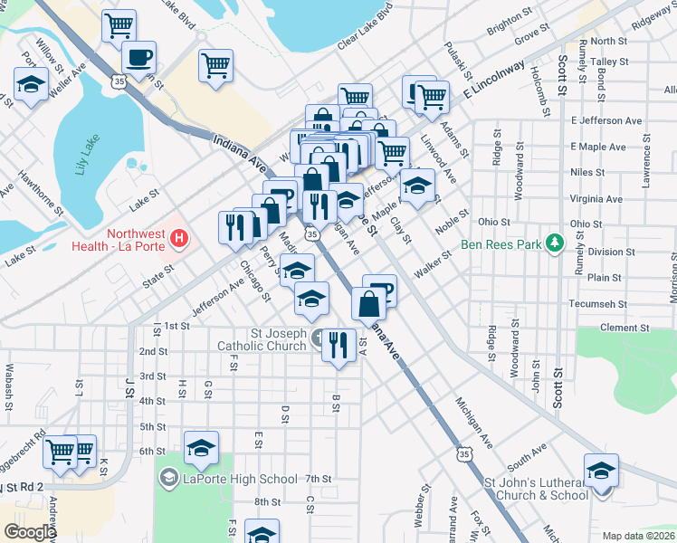 map of restaurants, bars, coffee shops, grocery stores, and more near 1000 Indiana Avenue in La Porte