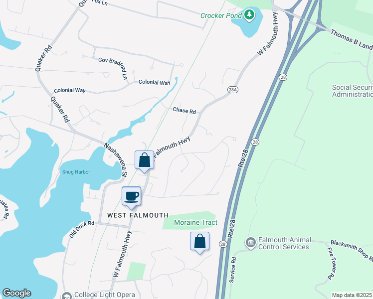 map of restaurants, bars, coffee shops, grocery stores, and more near 64 Ambleside Drive in Falmouth