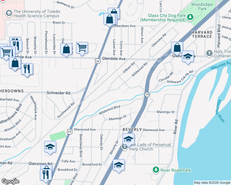 map of restaurants, bars, coffee shops, grocery stores, and more near 1751 Wildwood Road in Toledo
