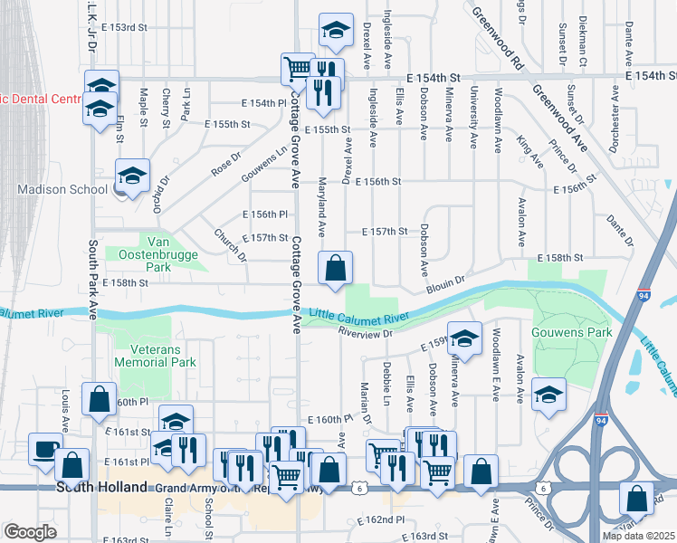 map of restaurants, bars, coffee shops, grocery stores, and more near 15736 Drexel Ave in Dolton