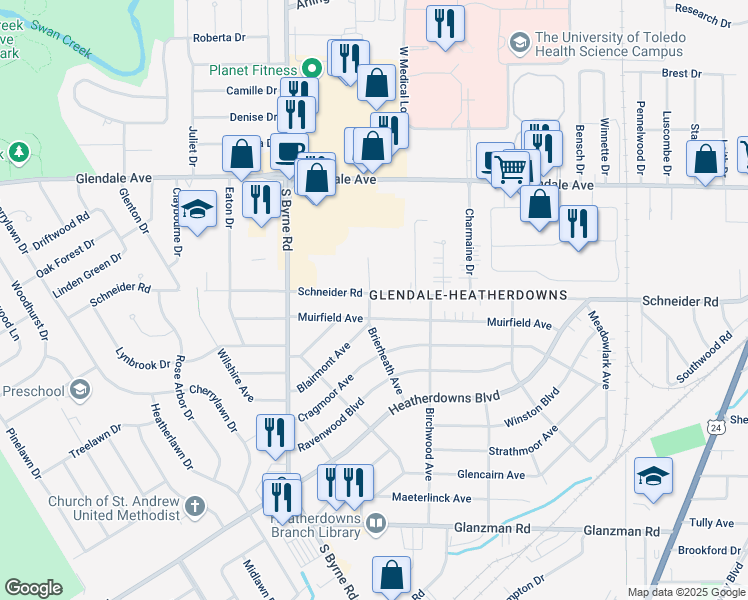 map of restaurants, bars, coffee shops, grocery stores, and more near 1701 Brierheath Avenue in Toledo