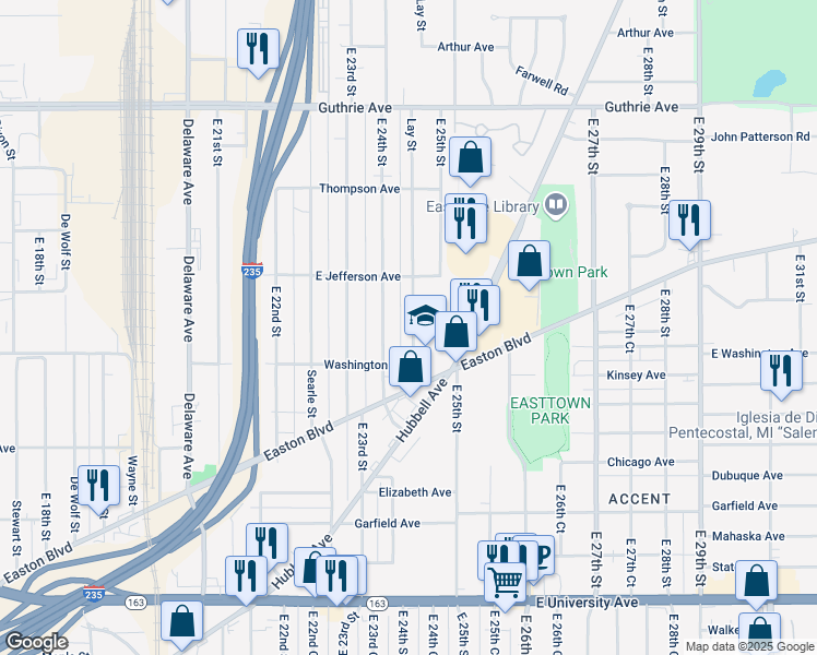 map of restaurants, bars, coffee shops, grocery stores, and more near 1620 Lay Street in Des Moines