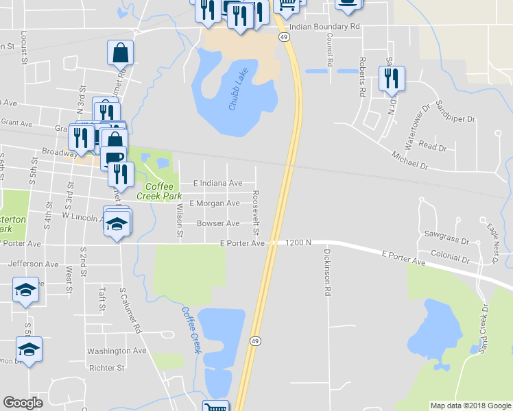 map of restaurants, bars, coffee shops, grocery stores, and more near 313 Roosevelt Street in Chesterton