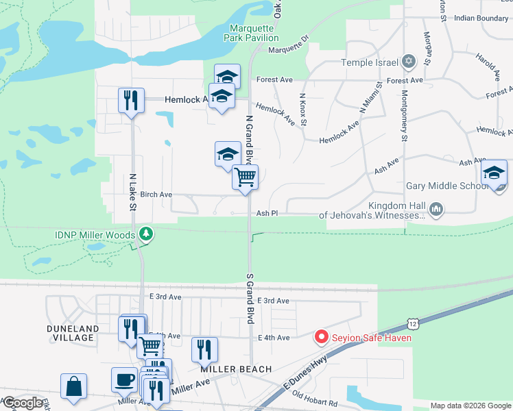 map of restaurants, bars, coffee shops, grocery stores, and more near 133 North Grand Boulevard in Gary