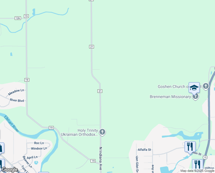 map of restaurants, bars, coffee shops, grocery stores, and more near 61006 County Road 21 in Goshen