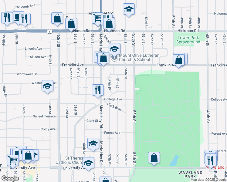 map of restaurants, bars, coffee shops, grocery stores, and more near 5709 Washington Avenue in Des Moines