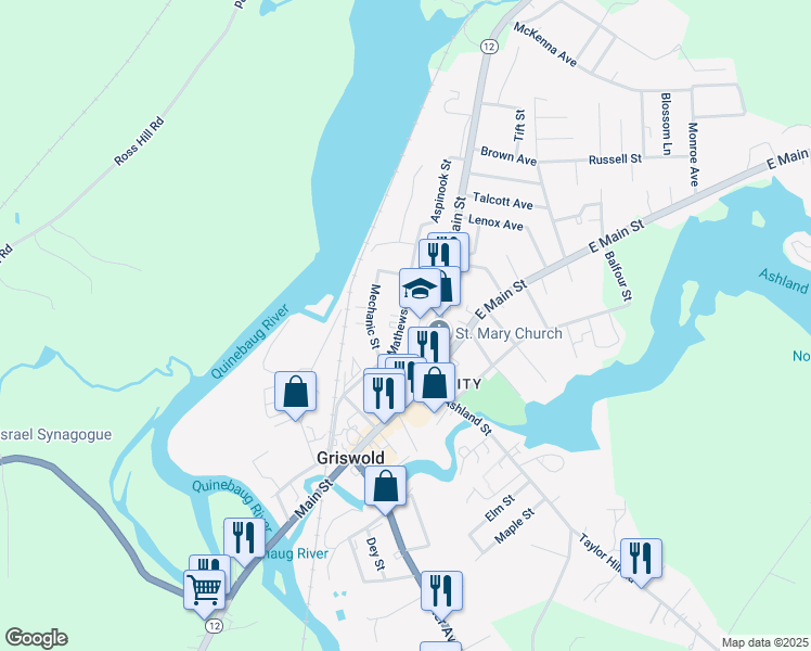 map of restaurants, bars, coffee shops, grocery stores, and more near 83 Mathewson Street in Griswold
