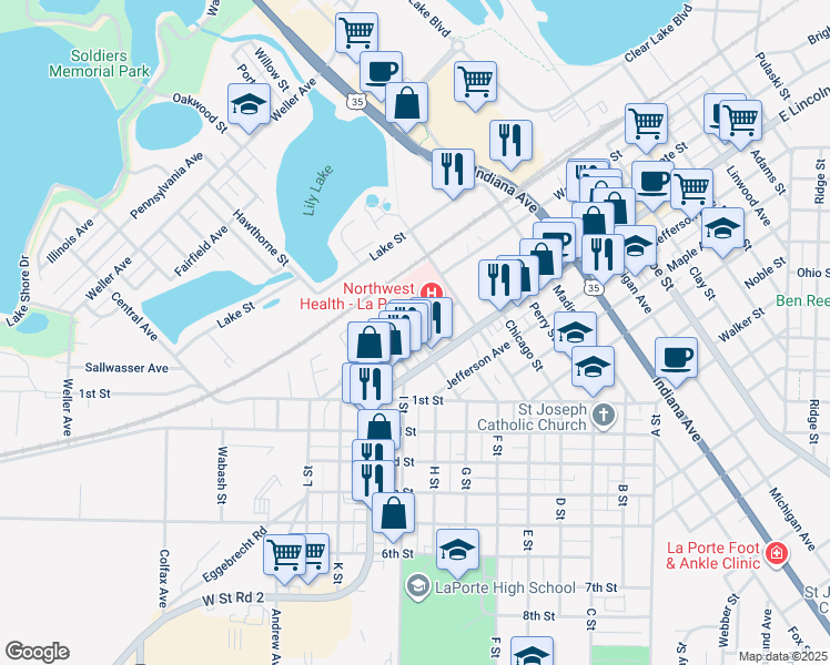 map of restaurants, bars, coffee shops, grocery stores, and more near 1456 State Street in La Porte