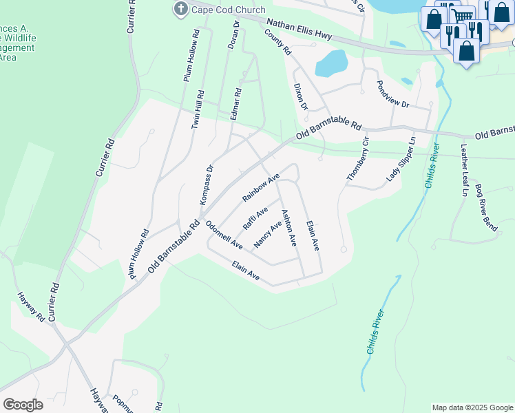 map of restaurants, bars, coffee shops, grocery stores, and more near 32 Raffi Avenue in Falmouth