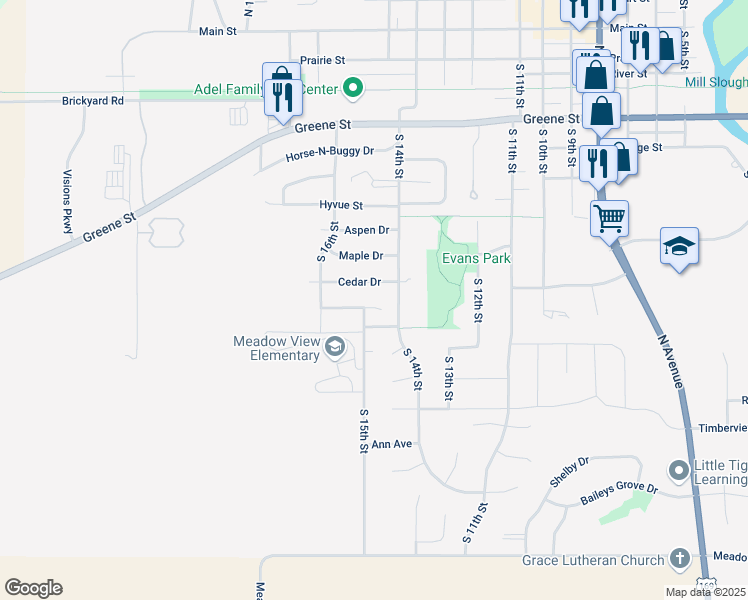 map of restaurants, bars, coffee shops, grocery stores, and more near 1420 Linden Street in Adel