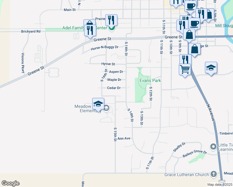 map of restaurants, bars, coffee shops, grocery stores, and more near 1420 Linden Street in Adel
