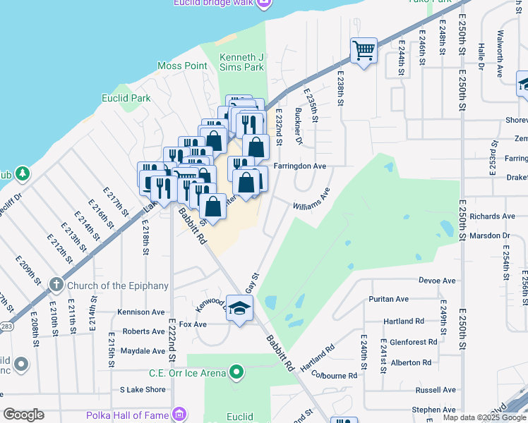 map of restaurants, bars, coffee shops, grocery stores, and more near 378 East 232nd Street in Euclid