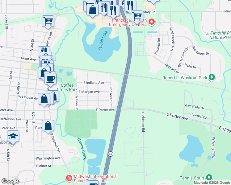 map of restaurants, bars, coffee shops, grocery stores, and more near 215 Roosevelt Street in Chesterton