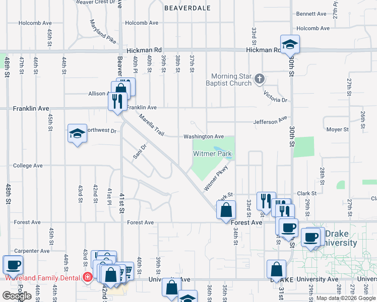map of restaurants, bars, coffee shops, grocery stores, and more near 1624 37th Street in Des Moines