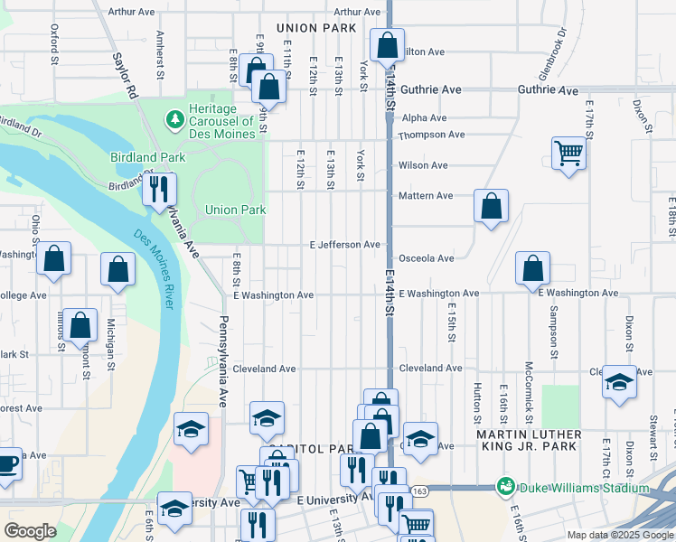 map of restaurants, bars, coffee shops, grocery stores, and more near 1625 East 13th Street in Des Moines